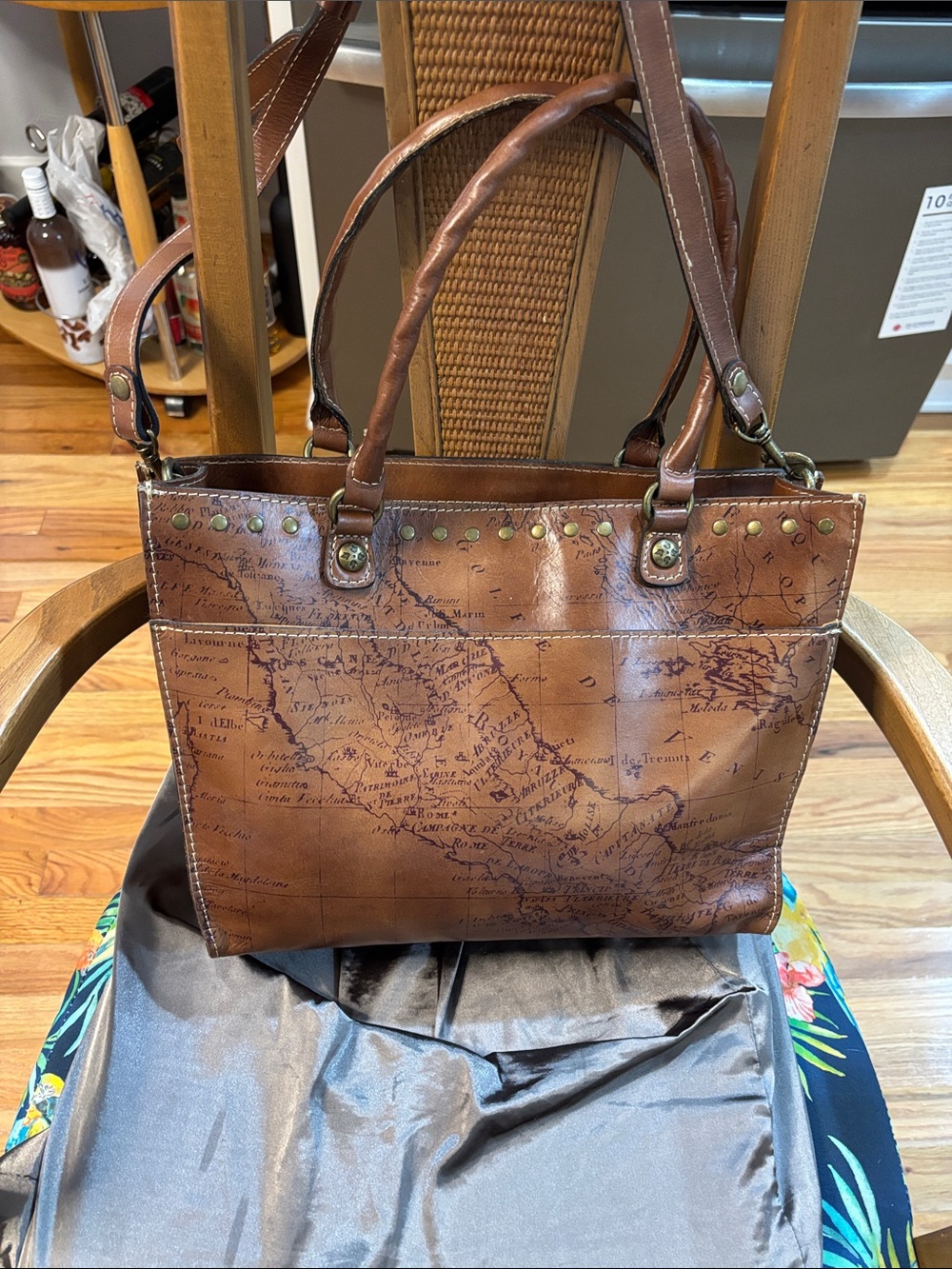Patricia Nash Brown Travel Map-Print Leather Tote